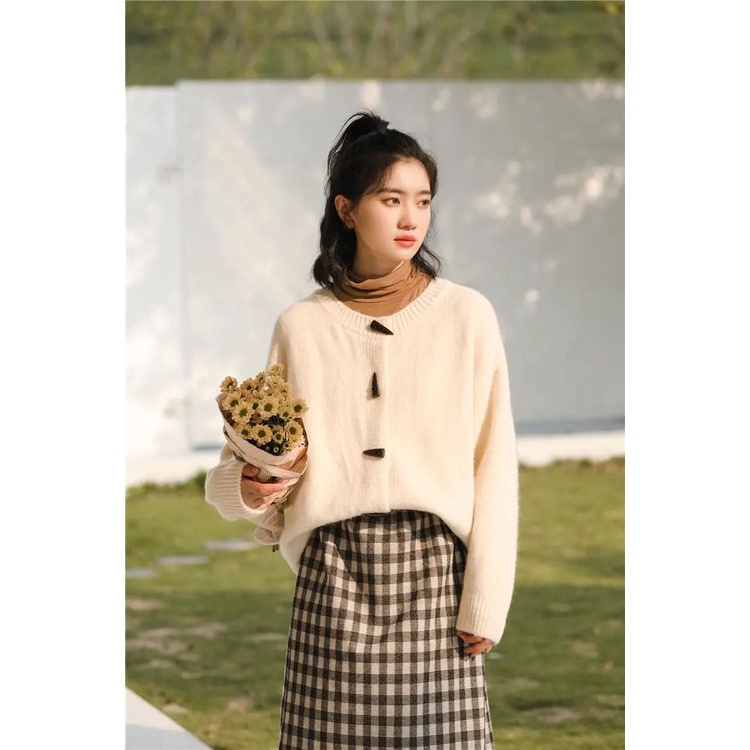 Áo khoác cardigan dệt kim phối nút sừng thời trang Hàn Quốc