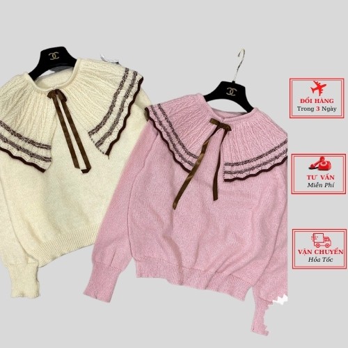 Áo len lông thỏ nữ công sở cổ nơ bèo viền ulzzang Hàn Quốc phong cách tiểu thư bánh bèo
