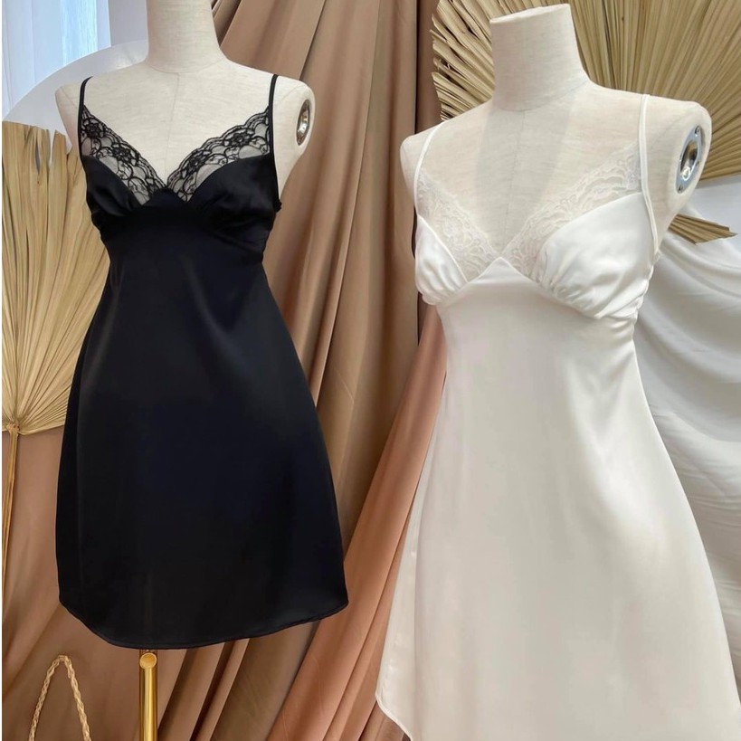 Đầm ngủ 2 dây lụa satin viền ren