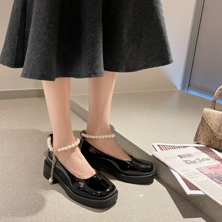 Fashion Pearl Chain Round Toe Platform Casual Loafers Shoes
