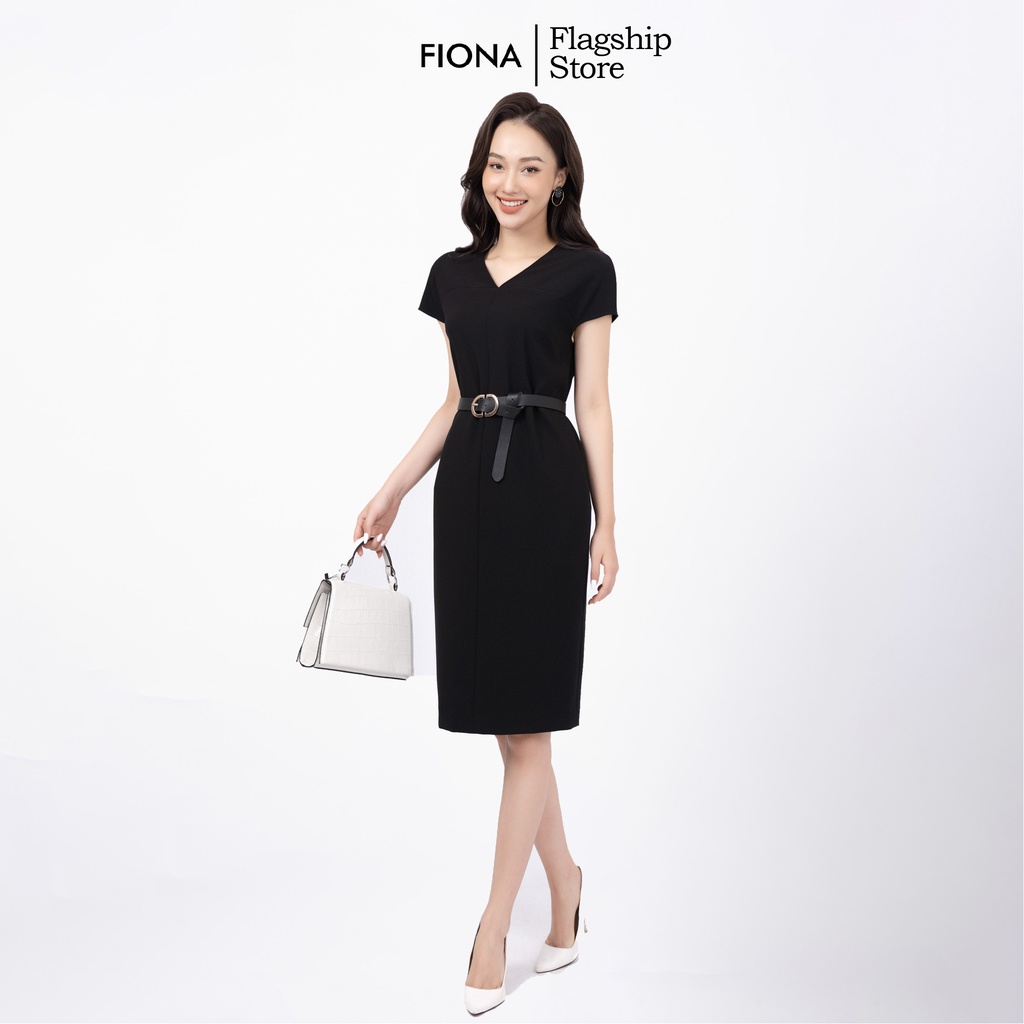 Đầm nữ dáng suông Fiona cổ V tay liền thắt đai lưng trang trí F452000