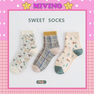 Set 3 đôi vớ tất nữ Mivino vớ cổ cao cotton thu đông họa tiết ngọt ngào TN105