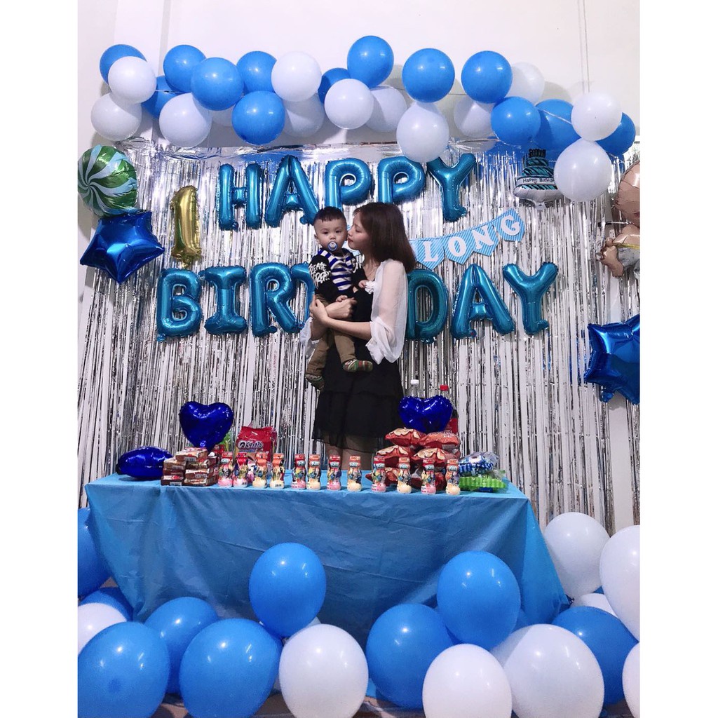 Set trang trí sinh nhật bé trai bé gái 2 rèm kim tuyến bóng chữ Happy Birthday 50 bong bóng tròn HAPPYKID STTSN2R