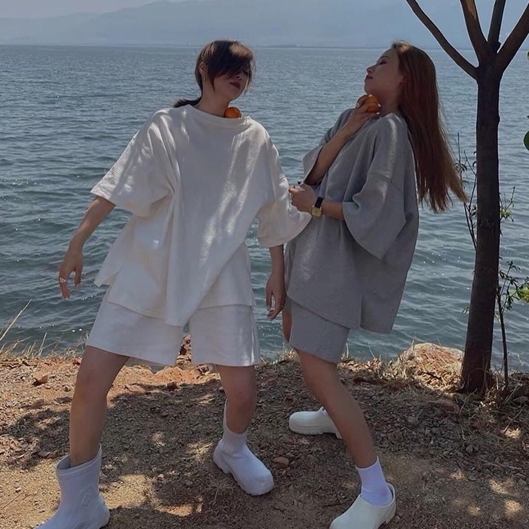 Set Thun Tay Lỡ Tổ Ong Unisex 💙 HD Clothings 💙 Bộ áo phông form rộng cộc tay kèm quần short ống rộng cạp chun basic