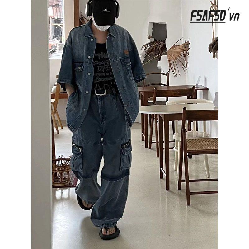 Quần Yếm Denim Dáng Rộng Phối Khóa Kéo Cá Tính
