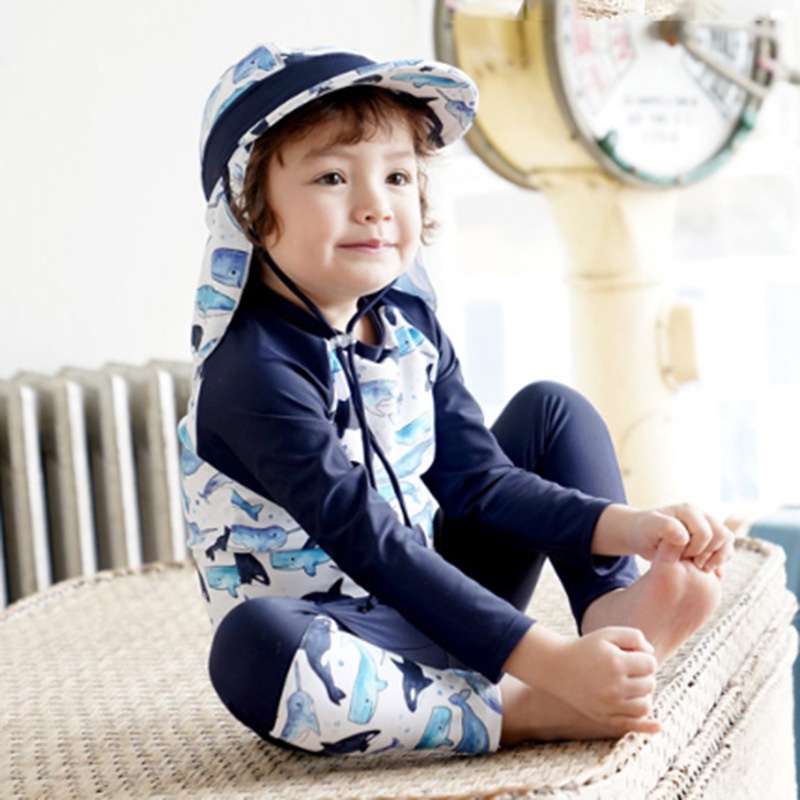 Bộ Đồ Bơi 2 Mảnh Tay Dài Hình Cá Mập Hoạt Hình Dễ Thương Cho Bé Trai 2-10 Tuổi