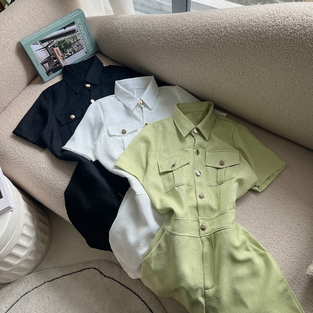 Jumpsuit nữ áo sơmi tay ngắn liền quần đùi 3M đen, trắng, xanh bơ NPSET033
