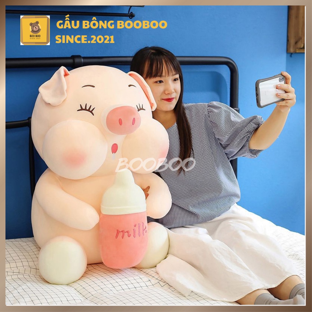 Gấu bông heo ôm bình sữa lợn bú bình mẫu thú nhồi bông siêu hot cao cap gấu bông booboo