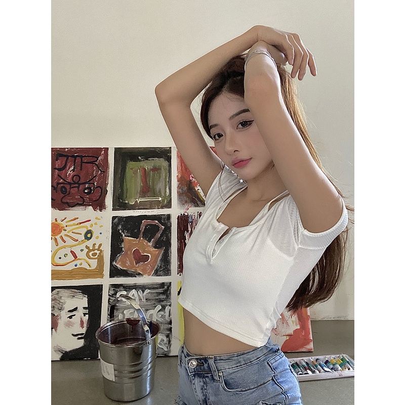 Happy-store ❤️ Áo croptop nữ kiểu hàn quốc cổ yếm 2 lớp HappyStore, áo phông crt ôm body cài khuy cotton 100% màu đen tr