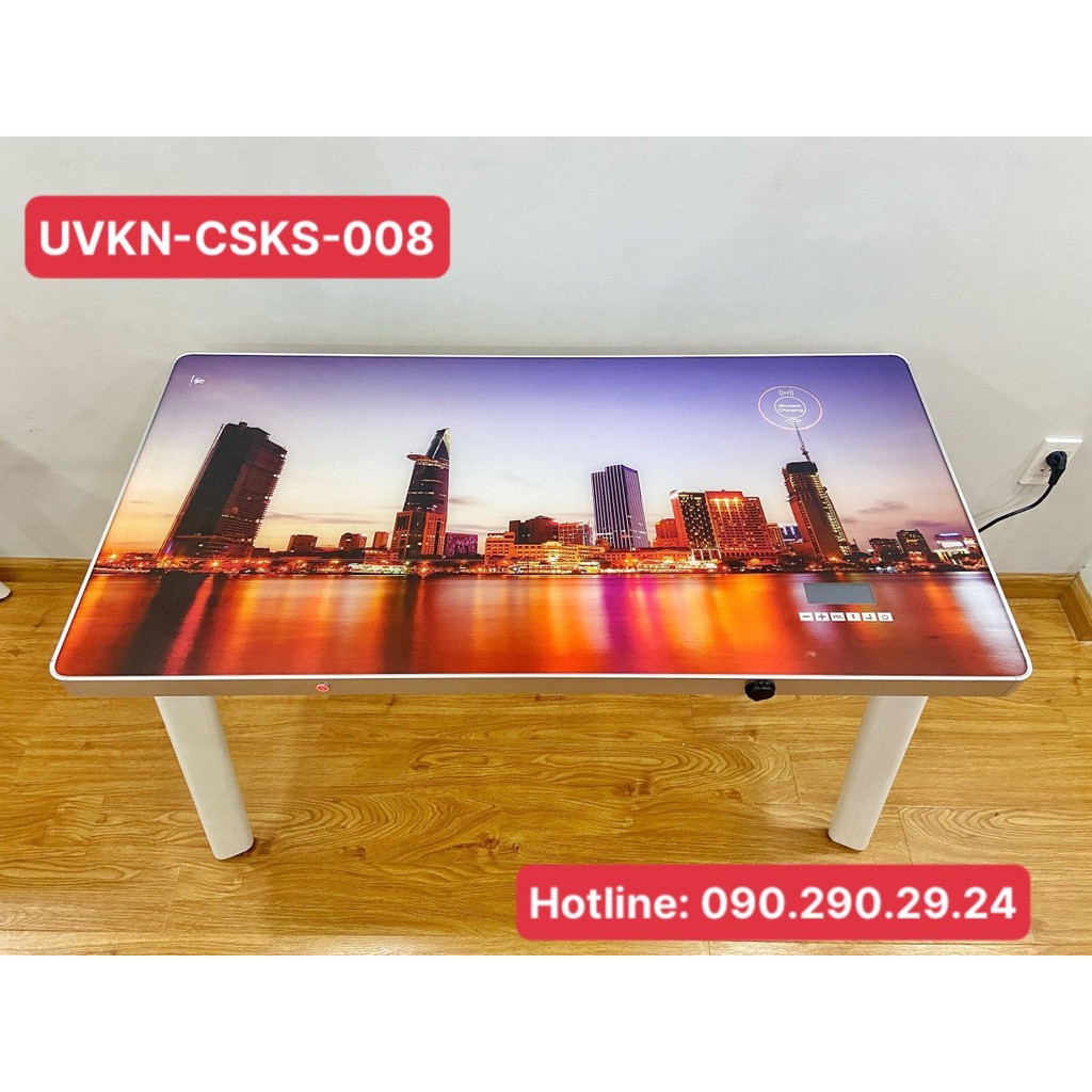 Bàn mặt kính cường lực in UV khung nhôm,chân sắt Oval khung sắt X tích hợp sạc USB, sạc không dây, loa kết nối bluetooth