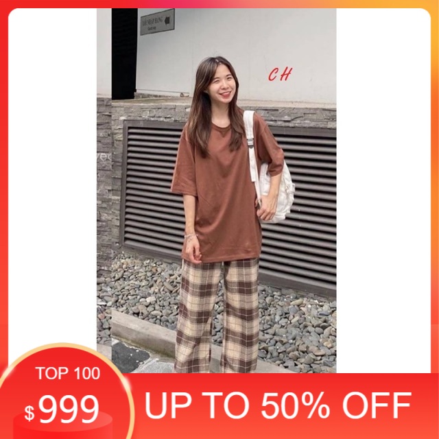 Sét áo trơn nâu + quần kẻ nâu , áo kiểu nữ, áo thun nam nữ, quần khaki, quần nữ, sét bộ mặc ở nhà MODY