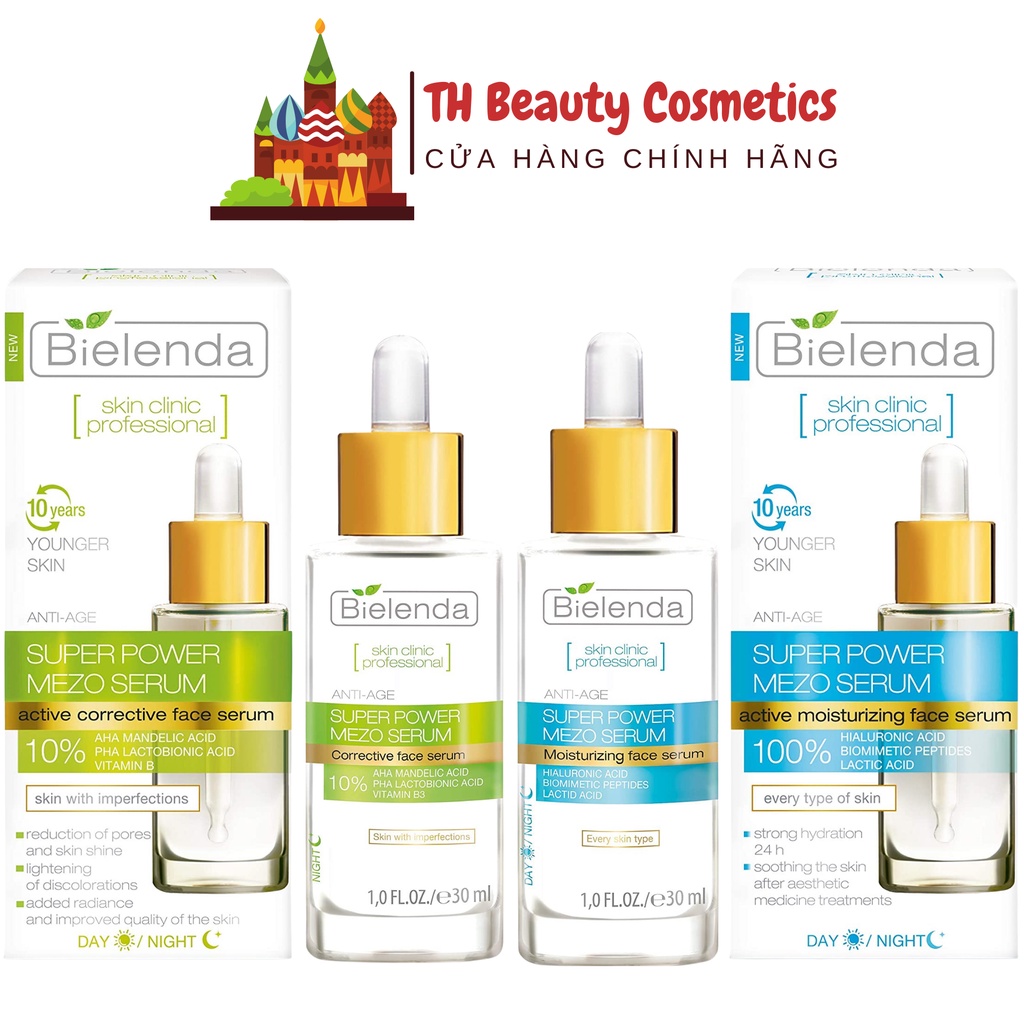 Serum bielenda super power mezo moisturizing xanh dương cấp nước, dưỡng ẩm, correcting xanh lá căng bóng, mờ thâm
