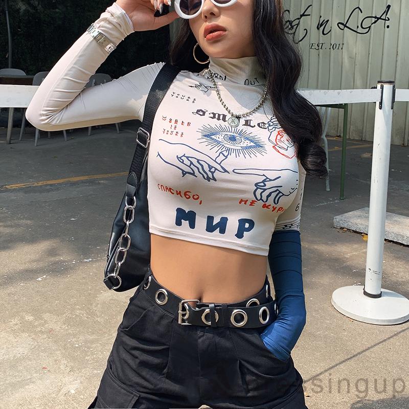 Áo thun dáng ngắn tay dài cổ cao in họa tiết thời trang cá tính cho nữ