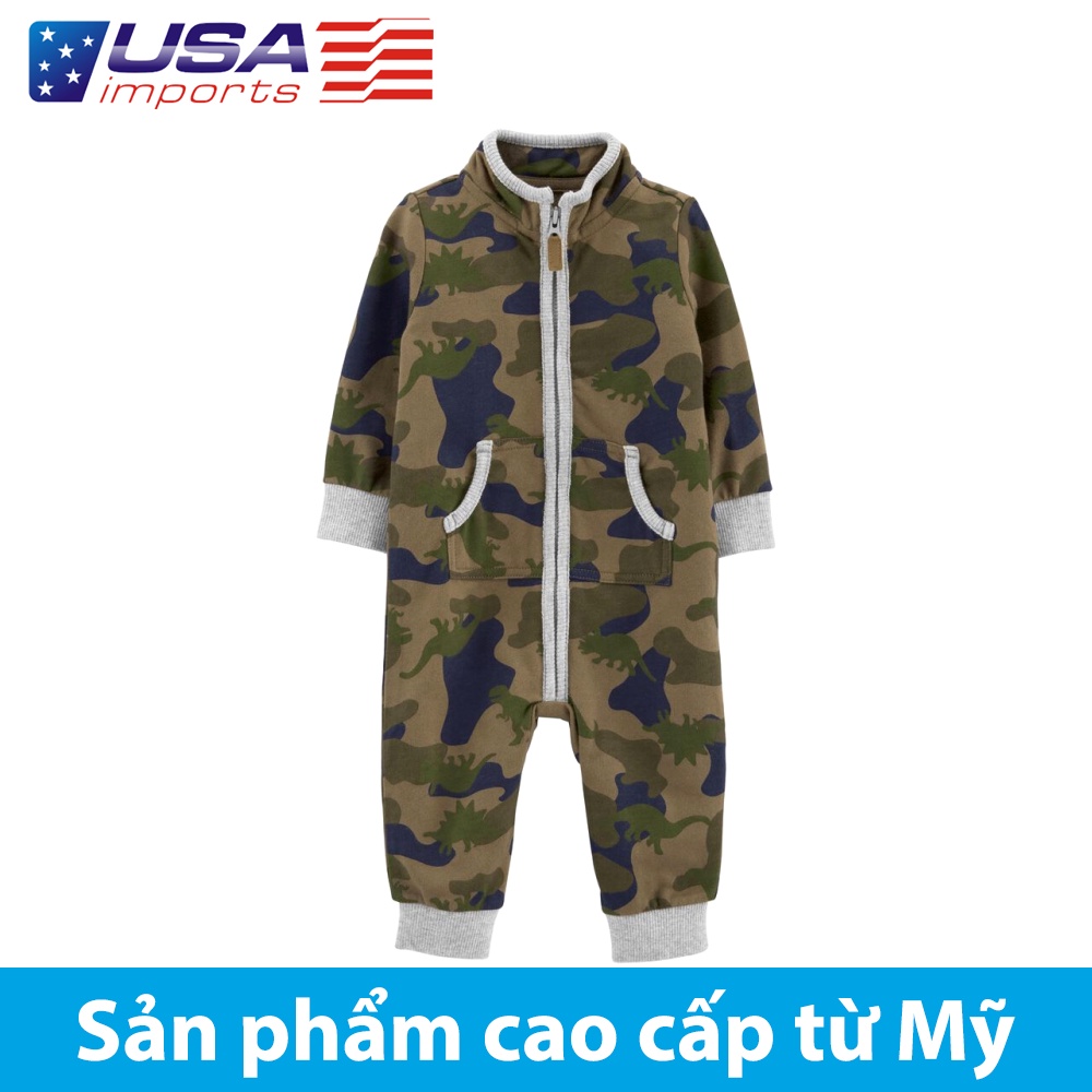Đồ dài, áo liền quần giữ ấm, jumpsuit cotton terry hoạ tiết camo dây kéo Car-tờ Auth Từ Mỹ (1M198110)