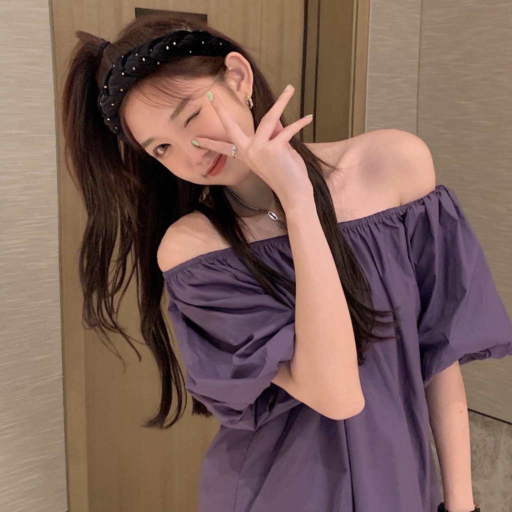 SUXI Áo Kiểu Trễ Vai Tay Phồng Dáng Rộng Màu Trơn Thời Trang Mùa Hè Dễ Phối Đồ Cho Nữ