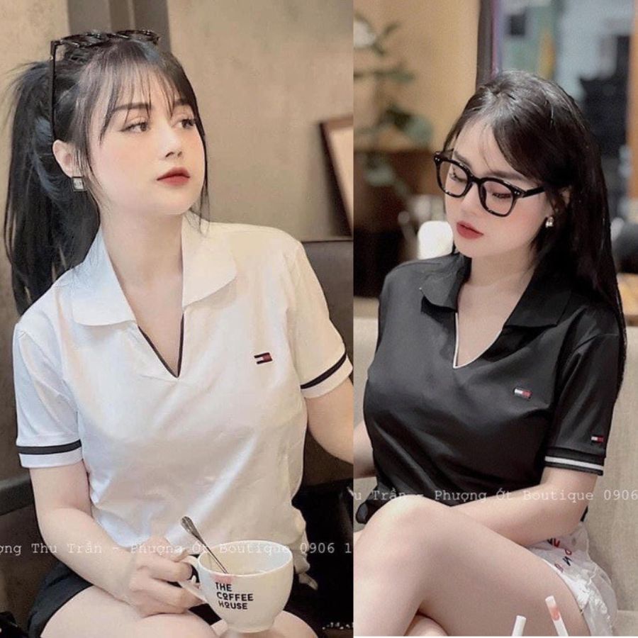 Áo polo nữ Tommy hàng ĐẸP CAO CẤP cổ V phối màu Đen Trắng, áo phông nữ polo Tommy cổ bẻ chữ V, Áo thun nữ cổ bẻ BIGSIZE
