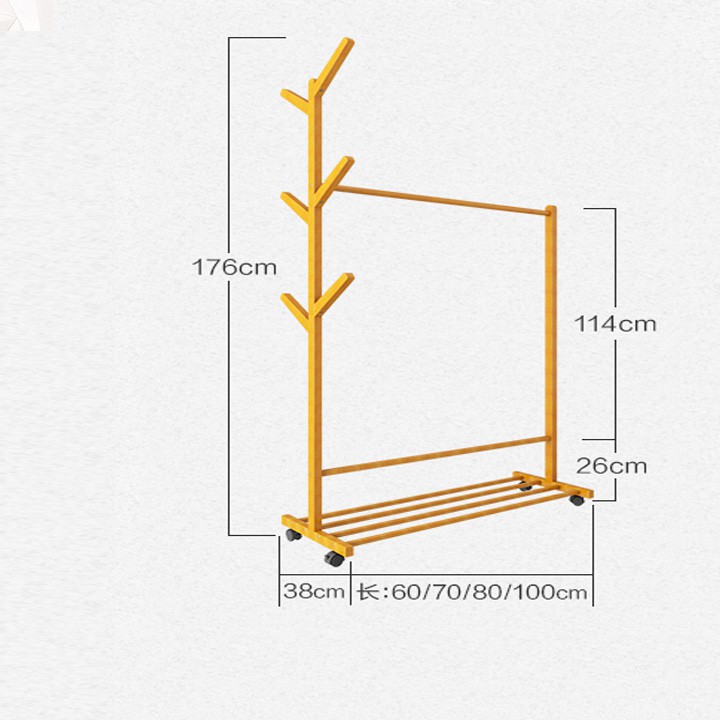 Cây giàn treo quần áo gỗ có bánh 60cm