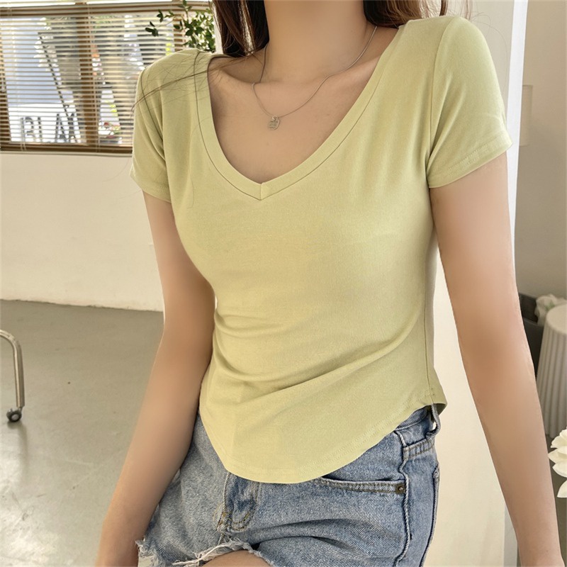 Hàng Mới Về Áo Thun Nữ Ngắn Tay Cổ Chữ V Màu Trơn Thời Trang
