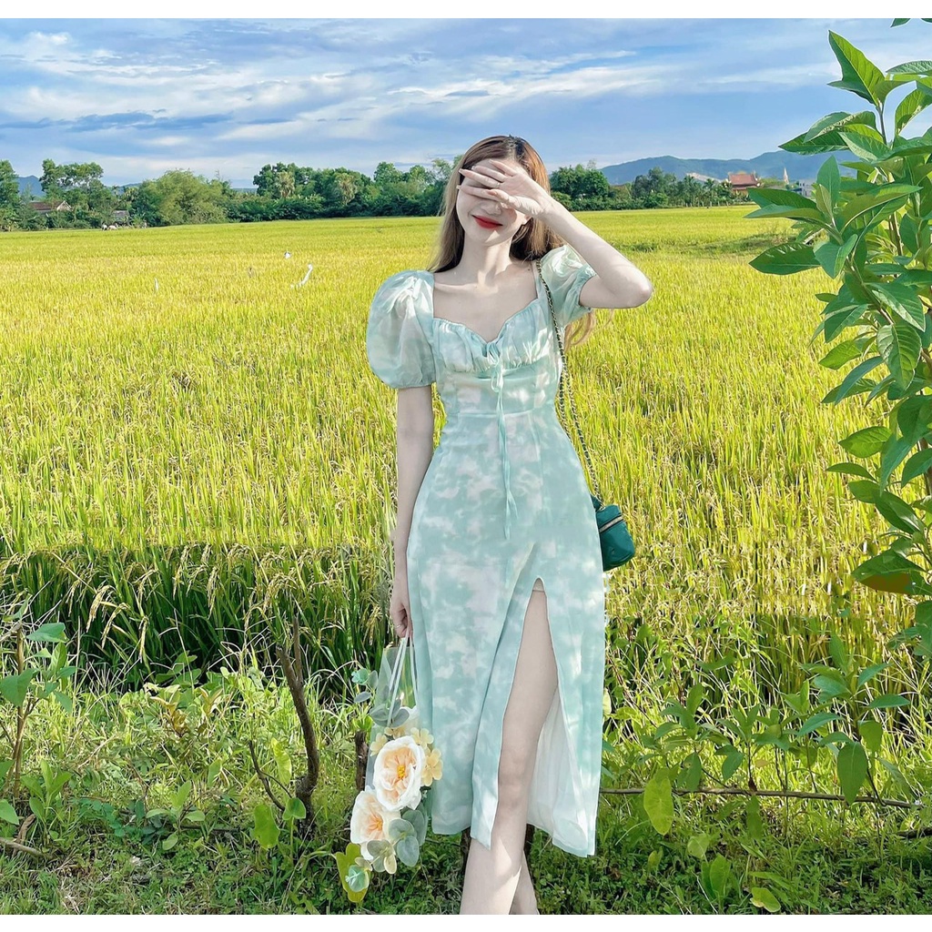 Váy nữ xanh loang nơ ngực khoe khéo xương quai xanh mix phối đai eo siết nhẹ, chất vải mềm đẹp, may 