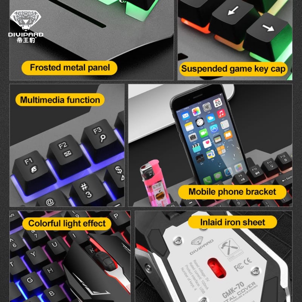 Bàn Phím Chơi Game Có Dây GK-70 Đầu Cắm USB 2.0 Tích Hợp Đèn LED Kiêm Giá Kê Điện Thoại