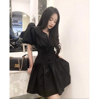 Váy tay bồng cổ V đan bụng 2 màu