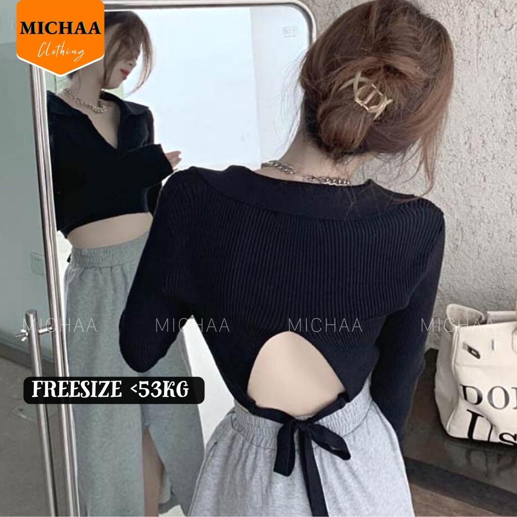 Áo Croptop Cổ Tim Nơ Lưng Thun Gân Nữ Tay Dài Kiểu Ôm Body Sexy Đẹp 2 Màu - MICHAA