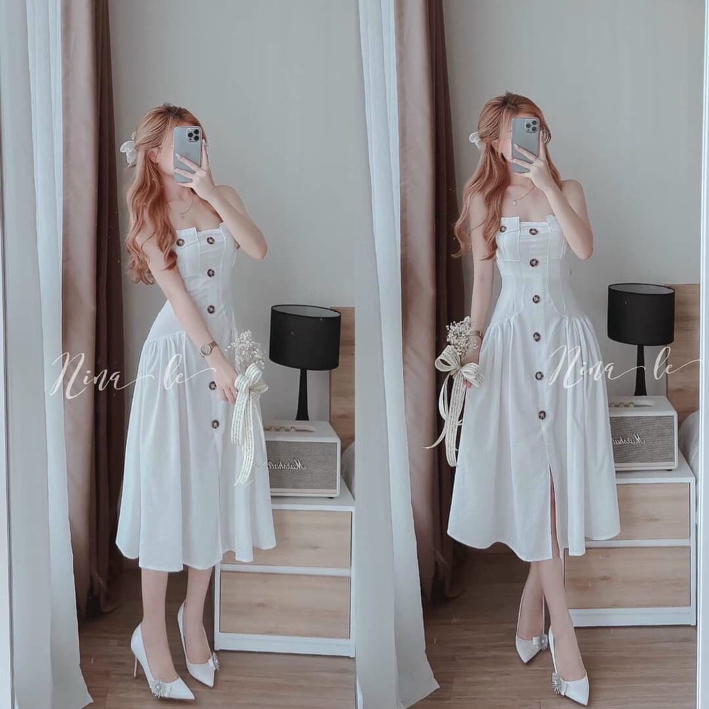 Đầm Xòe Hai Dây Dáng Dài Cài Nút Dọc Rose Fashion