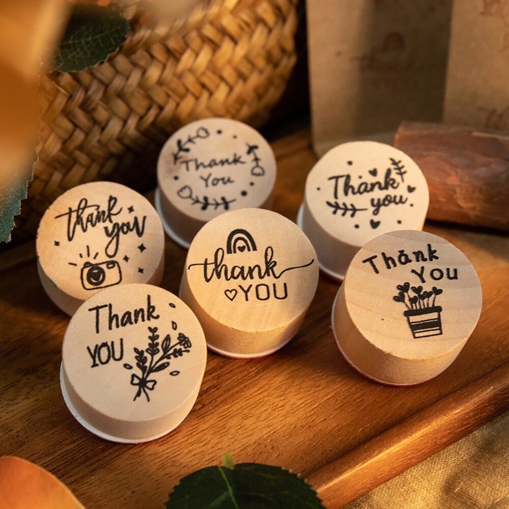 Set 6 con dấu in chữ Thank You bằng gỗ dùng để trang trí thiệp