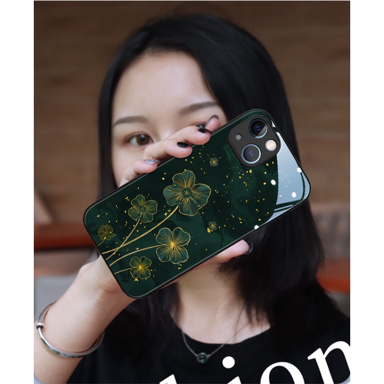 Ốp Điện Thoại Kính Cường Lực Họa Tiết May Mắn Cho iphone 13 14pro max 12 mini 11 pro max XS XR X 6 plus 6s 7 8 plus