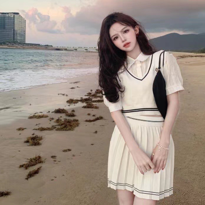 COZOK Set áo sơ mi tay dài + áo vest + chân váy xếp ly thời trang cho nữ