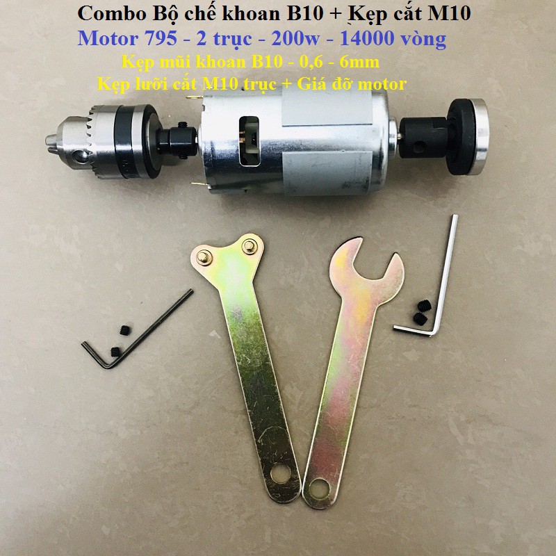 Motor 775,795 200w hai trục dài Chế khoan,cắt kèm giá đỡ phụ kiện đây đủ