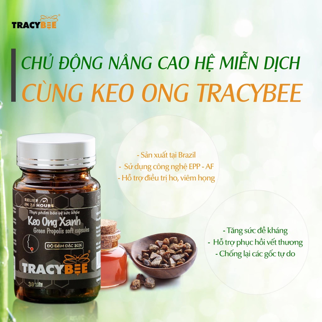 Viên keo ong xanh Brazil TracyBee - propolis tăng đề kháng, miễn dịch, ngăn ngừa vết loét, làm lành vết thương