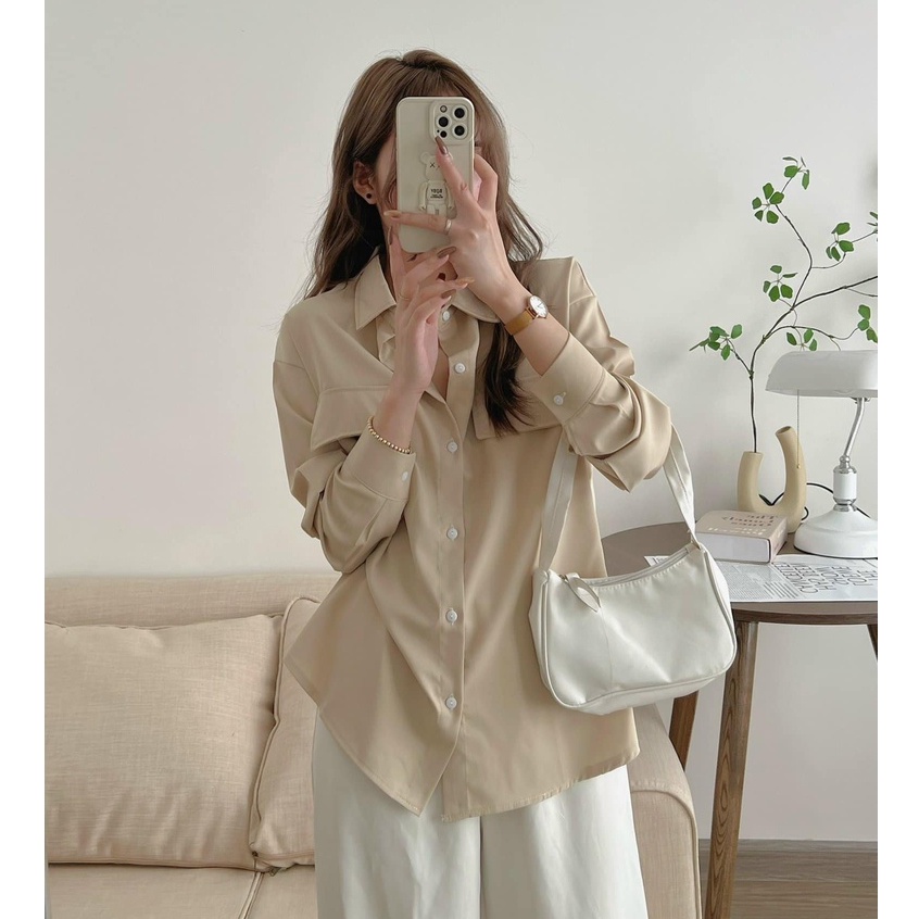 Áo sơ mi nữ dài tay from rộng mix túi ngực trẻ trung năng động. Sơ mi nữ dài tay chất thích mặc thu 2 màu Be xanh hothit