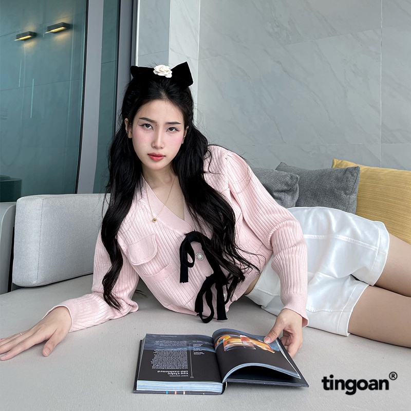 TINGOAN® - Áo len xù hồng dáng lửng đính 2 nơ đen cúc ngọc LOVE YOU VERY MUCH TOP/PK V2
