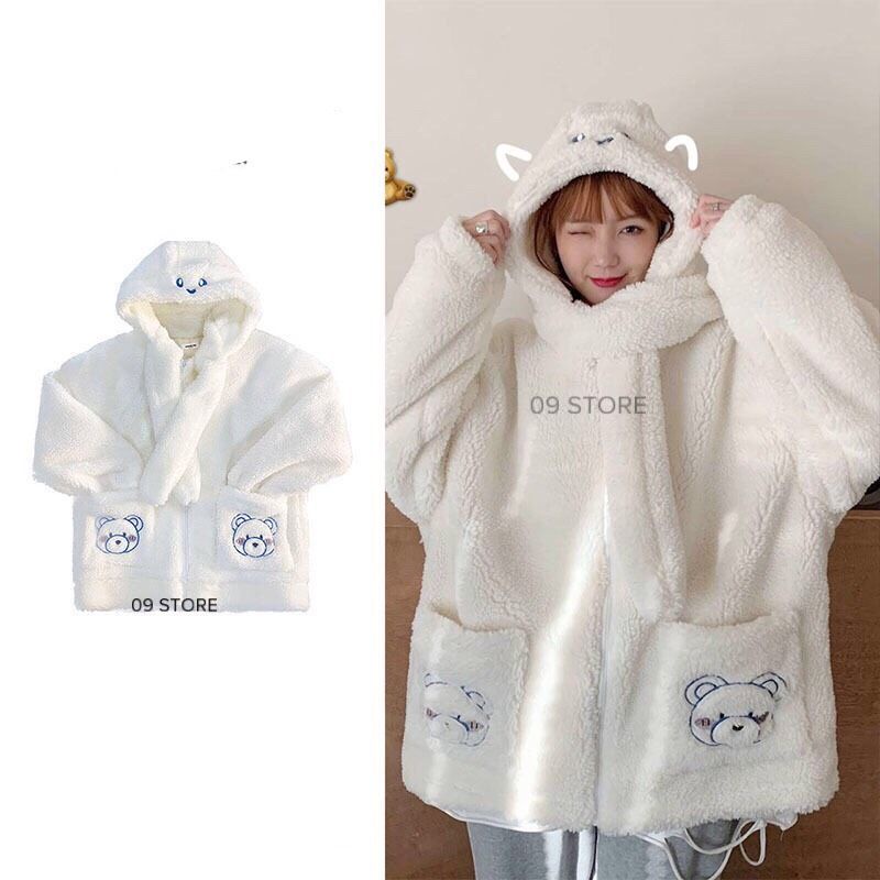 Áo khoác lông cừu, áo khoác mũ lông có khăn phong cách loli