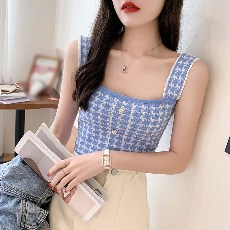 Brroa Áo Croptop Dệt Kim Dây Bản Rộng Cài Nút Họa Tiết Houndstooth Đính Ngọc Trai Cho Nữ
