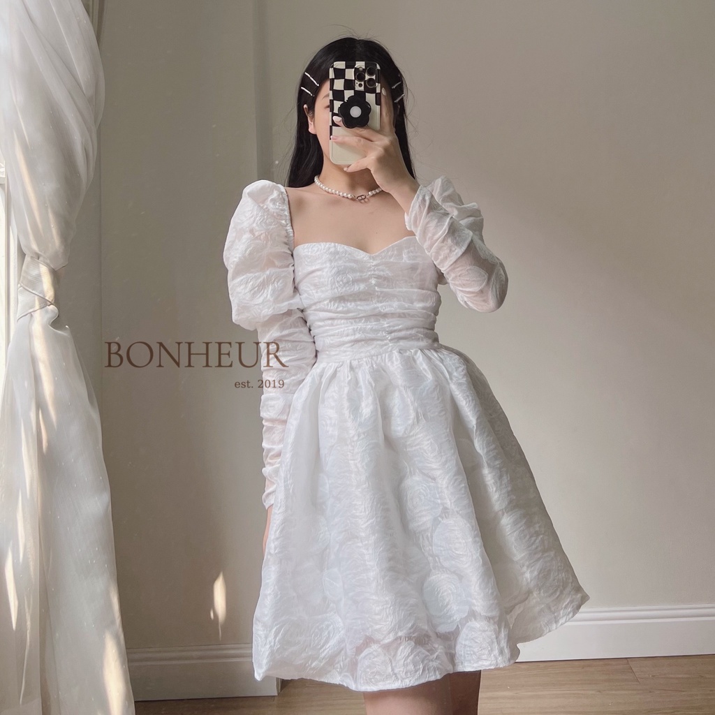 Váy tay bồng dài đầm xoè tơ hoa hồng tiểu thư phong cách công chúa thanh lịch bồng bềnh Bonrose Dress | BigBuy360 - bigbuy360.vn