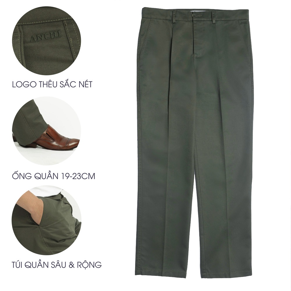 Quần Kaki Nam Trung Niên ANCHI Màu Xanh Rêu Ống Suông Dày Dặn Cao Cấp