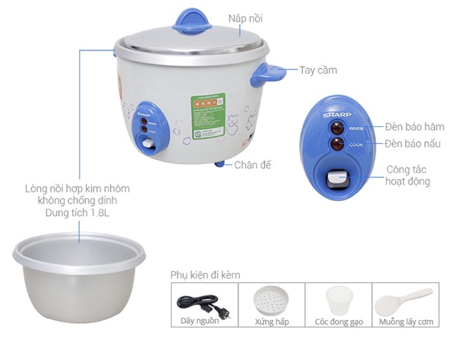 Nồi Cơm Điện 1,8 lSHARP KSH-D19V. Hàng Thái Lan, bảo hành 12 tháng chính hãng. Tặng kèm xửng hấp