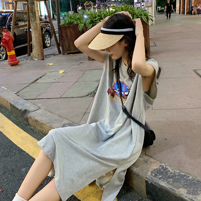 Đầm Thun Dài Qua Gối Sát Nách Dáng Rộng Xẻ Tà Màu Xám Phong Cách Retro Hong Kong Thời Trang Mùa Hè Cho Nữ