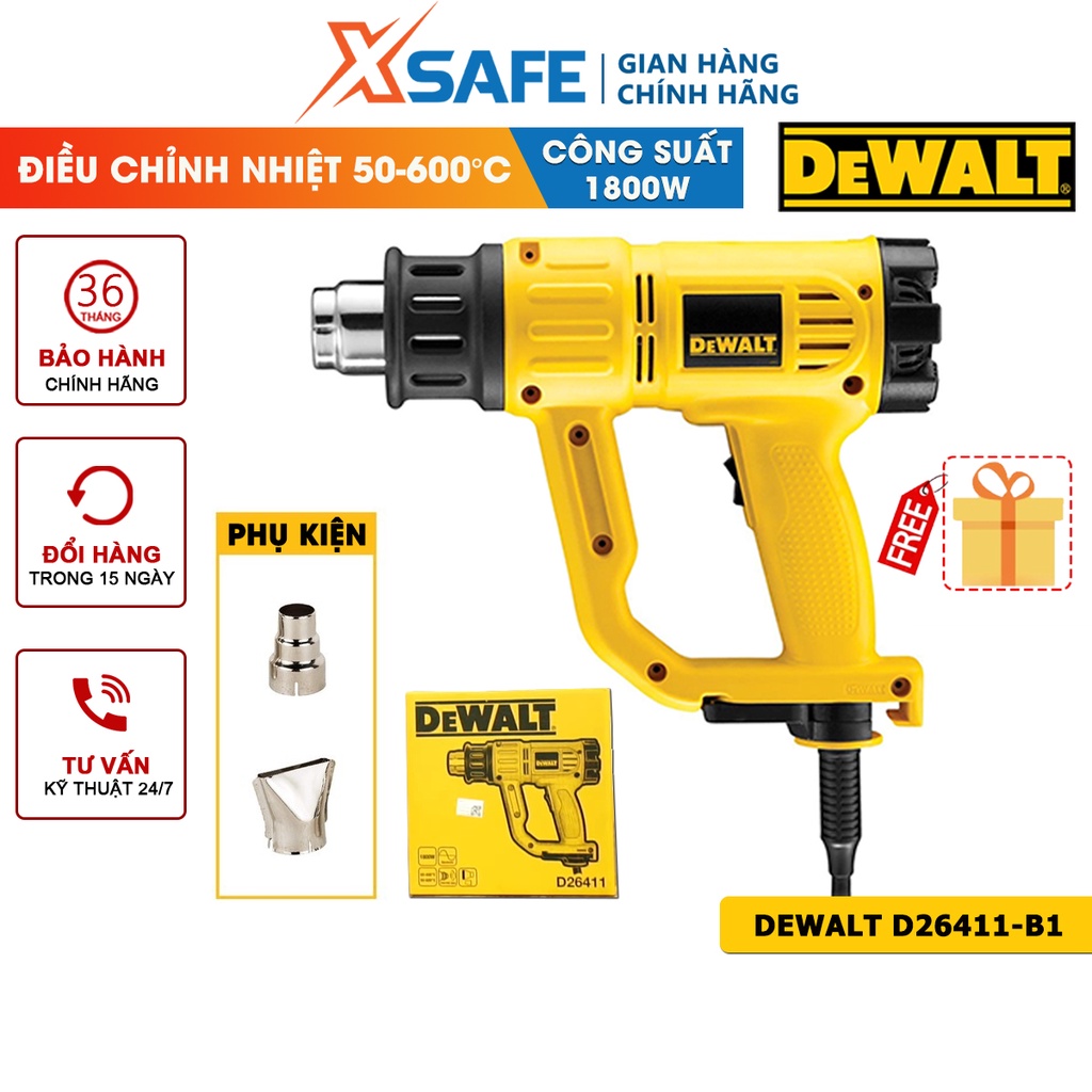 Máy khò màng co DEWALT D26411-B1 1800W, có nút điều chỉnh nhiệt độ 50-600°C,kèm 2 đầu ống tròn và dẹp[CHÍNH HÃNG][XSAFE]