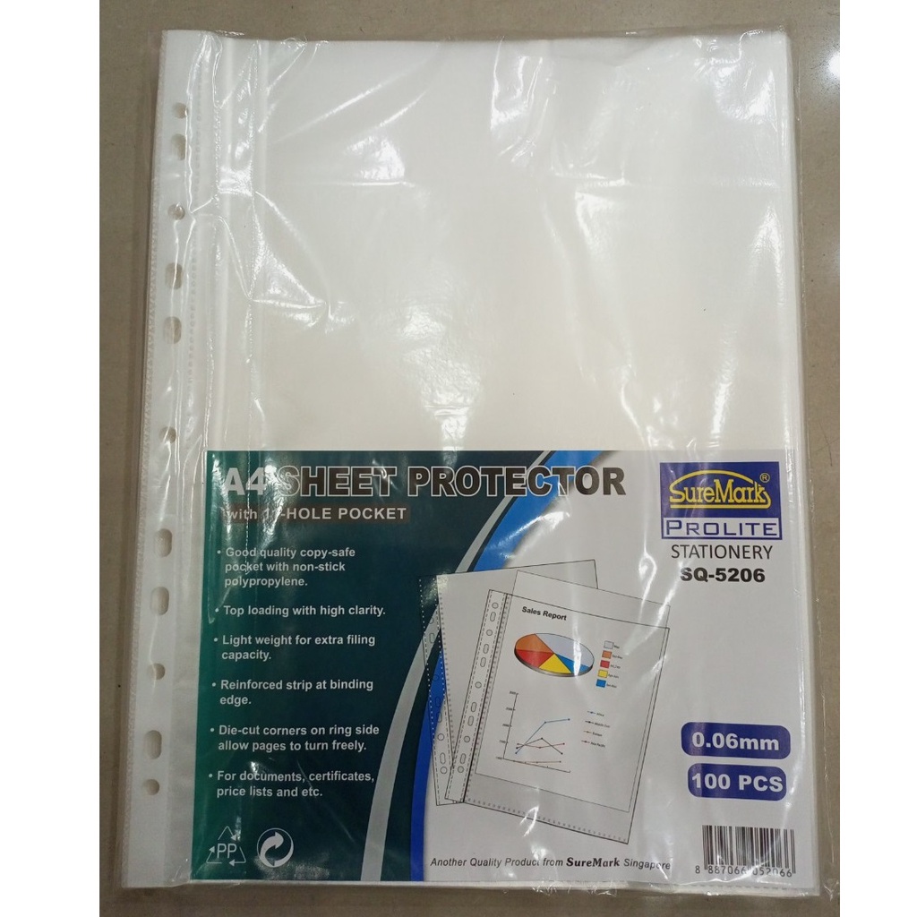 Xấp 100 tờ Bìa lỗ Suremark SQ-5206 A4 Sheet Protector dày 0.06mm