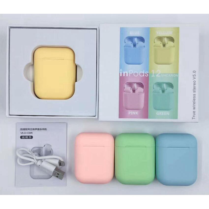 Bluetooth 5.0 Airpod i12 TWS Inpod Tai nghe không dây Bluetooth Tai nghe Airpod 3D Tai nghe thể thao nhiều màu sắc Touch Macaron (kèm hộp sạc)