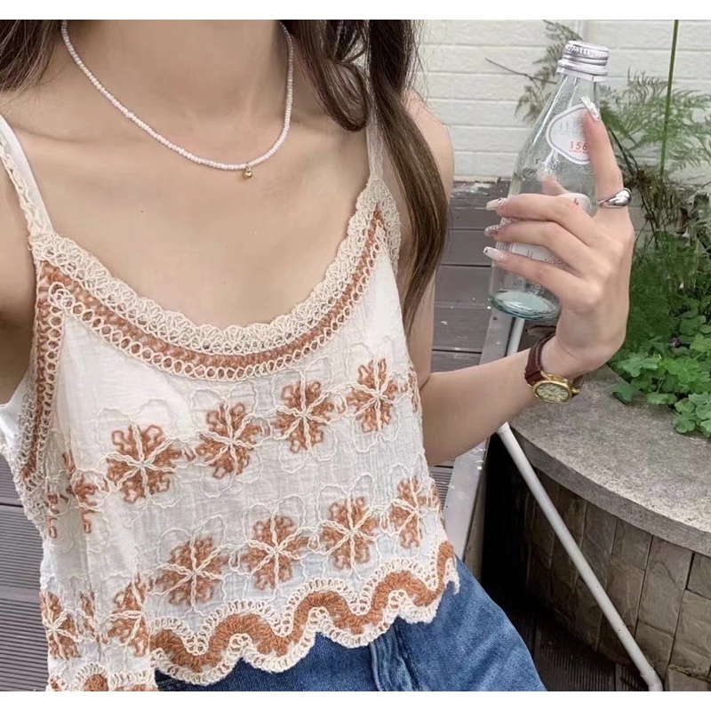 Áo Croptop 2 Dây Vải Thêu Hoa Mặc Khoác Ngoài, Đi Biển Siêu Xinh