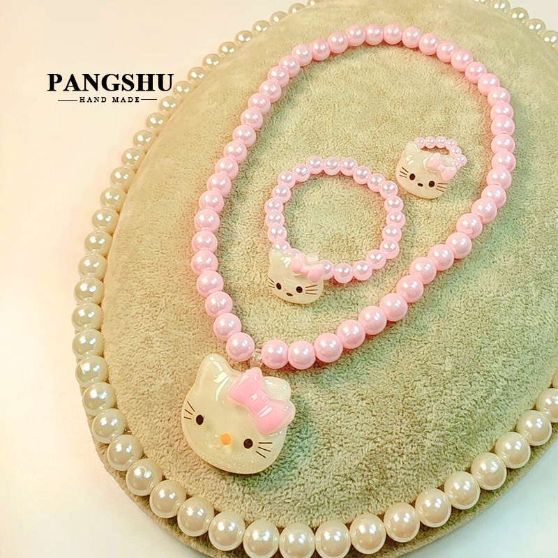 Mới Set 3 Vòng cổ Mặt Hello Kitty Đính Ngọc Trai Cho Bé Gái