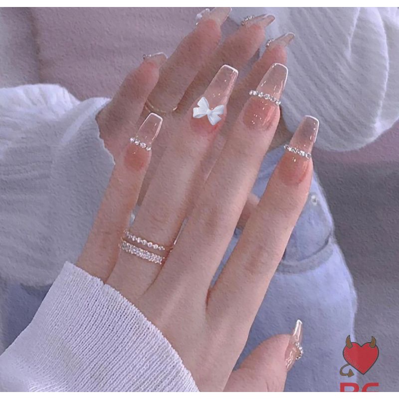 Móng giả thiết kế Quỳnh Quỳnh Nail hộp 10 móng kèm keo dũa sơn thạch đính nơ