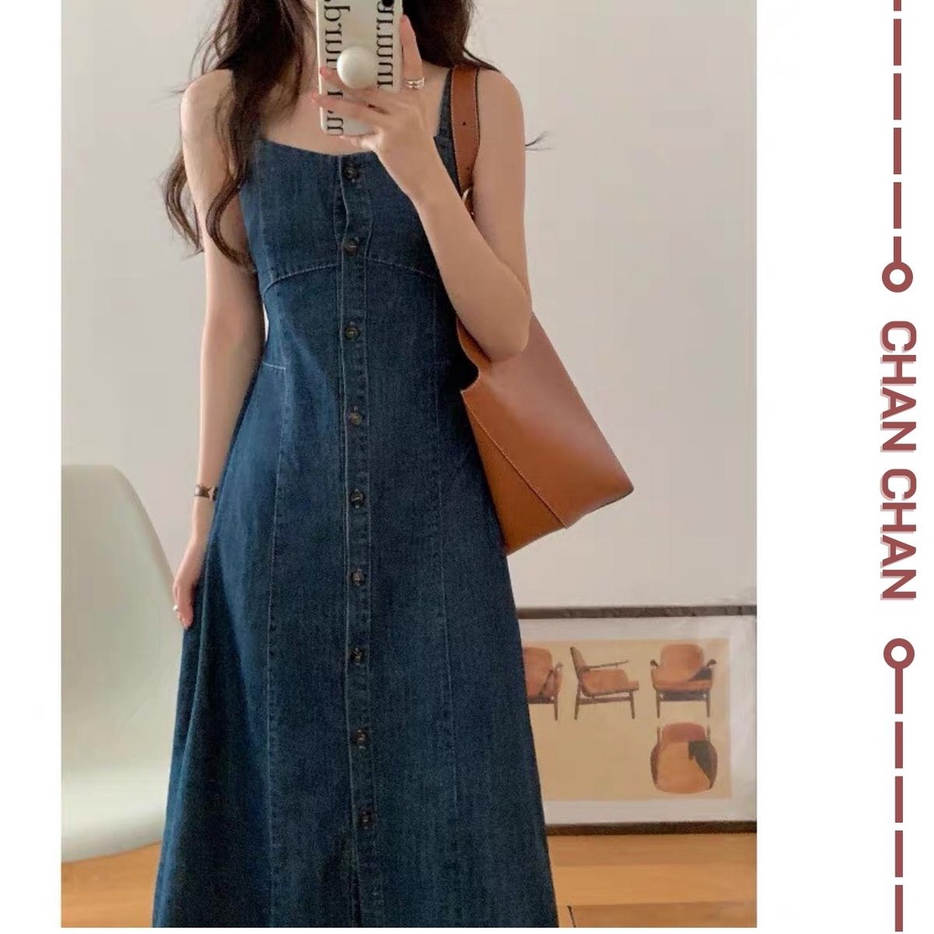 Váy Yếm JEAN Dáng Dài Chữ A Phong Cách Ulzzang, Váy Yếm Bò 2 Dây Demin