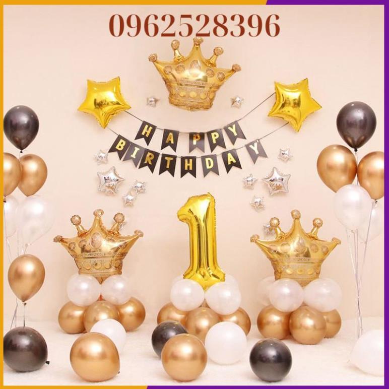 [Mẫu Mới 2020] Set bóng trang trí sinh nhật tông vàng đen như ảnh kèm 2 trụ xòe mica dựng bóng 2 bên