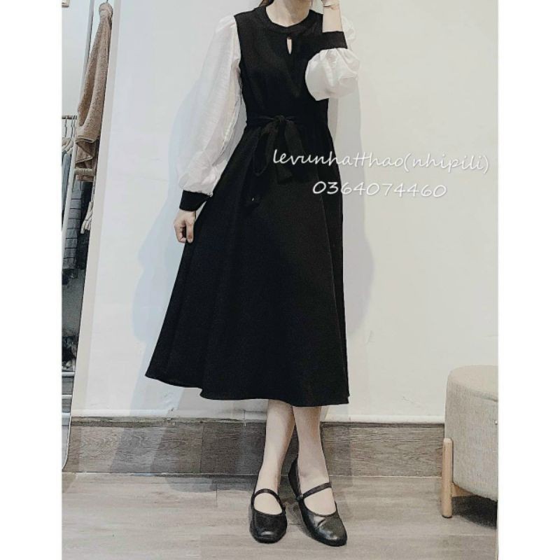 đầm đen midi xoè tay phối trắng mã 0402