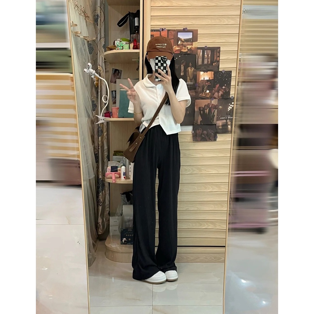 Quần dài nữ Xiaozhainv cạp cao dây rút ống suông thoáng khí thời trang mùa hè